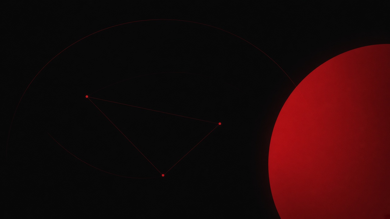 A spare red network of three nodes on black, beside a large red disc